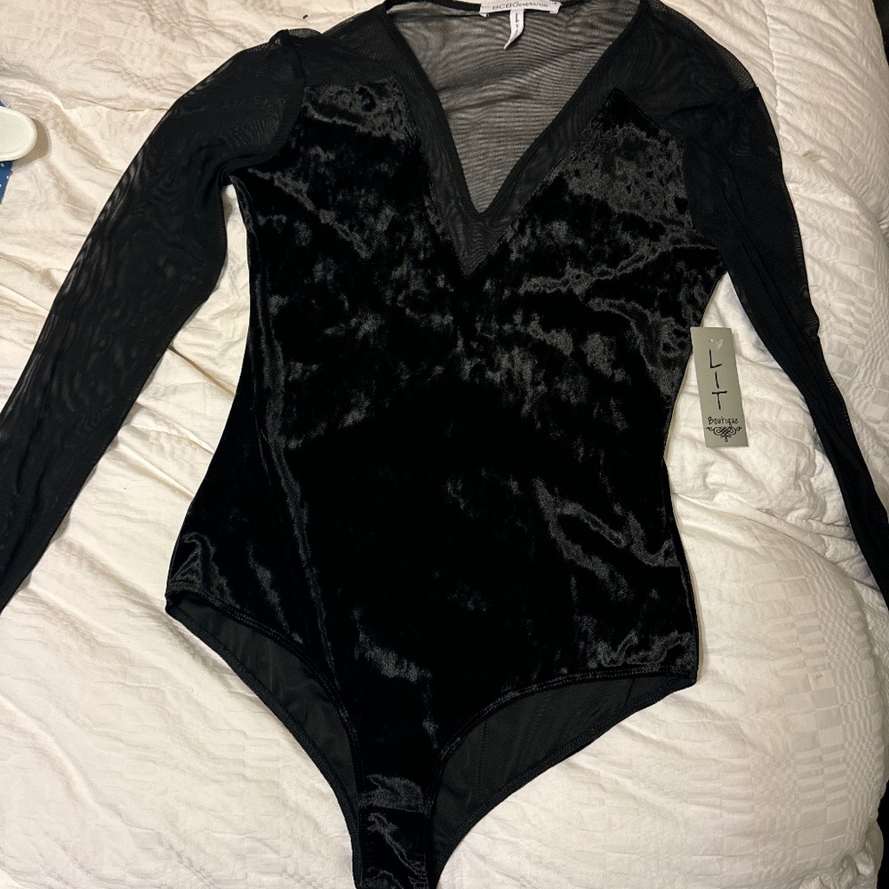 BCBG Velour and sheer long sleeve bodysuit